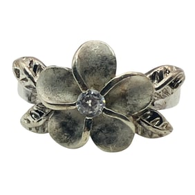 K, Sterling Clear Stone Flower Statement Ring, Size 4, 2.62 G