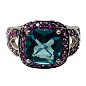 Pink SPINEL, Blue Stone Sterling Halo Ring, Size 8, 8.17 G