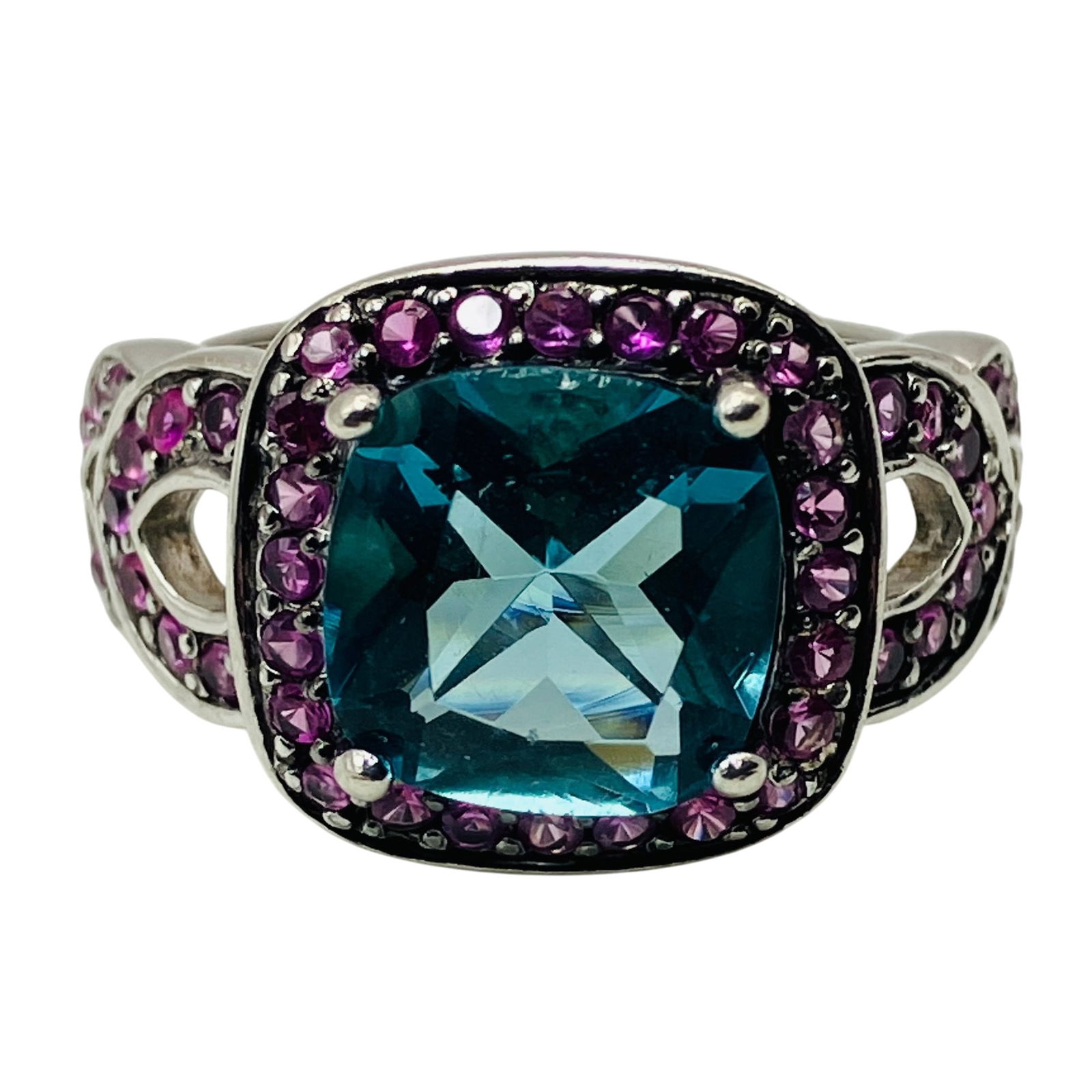 Pink SPINEL, Blue Stone Sterling Halo Ring, Size 8, 8.17 G (1 of 6)