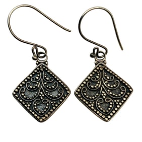 Sterling Diamond Shaped Unique Design Dangle Earrings, Unknown Markings, 4.59 G