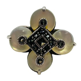 Mother Of Pearl And MARCASITE Sterling Cross Shaped Ring Size 6, 6.69 G