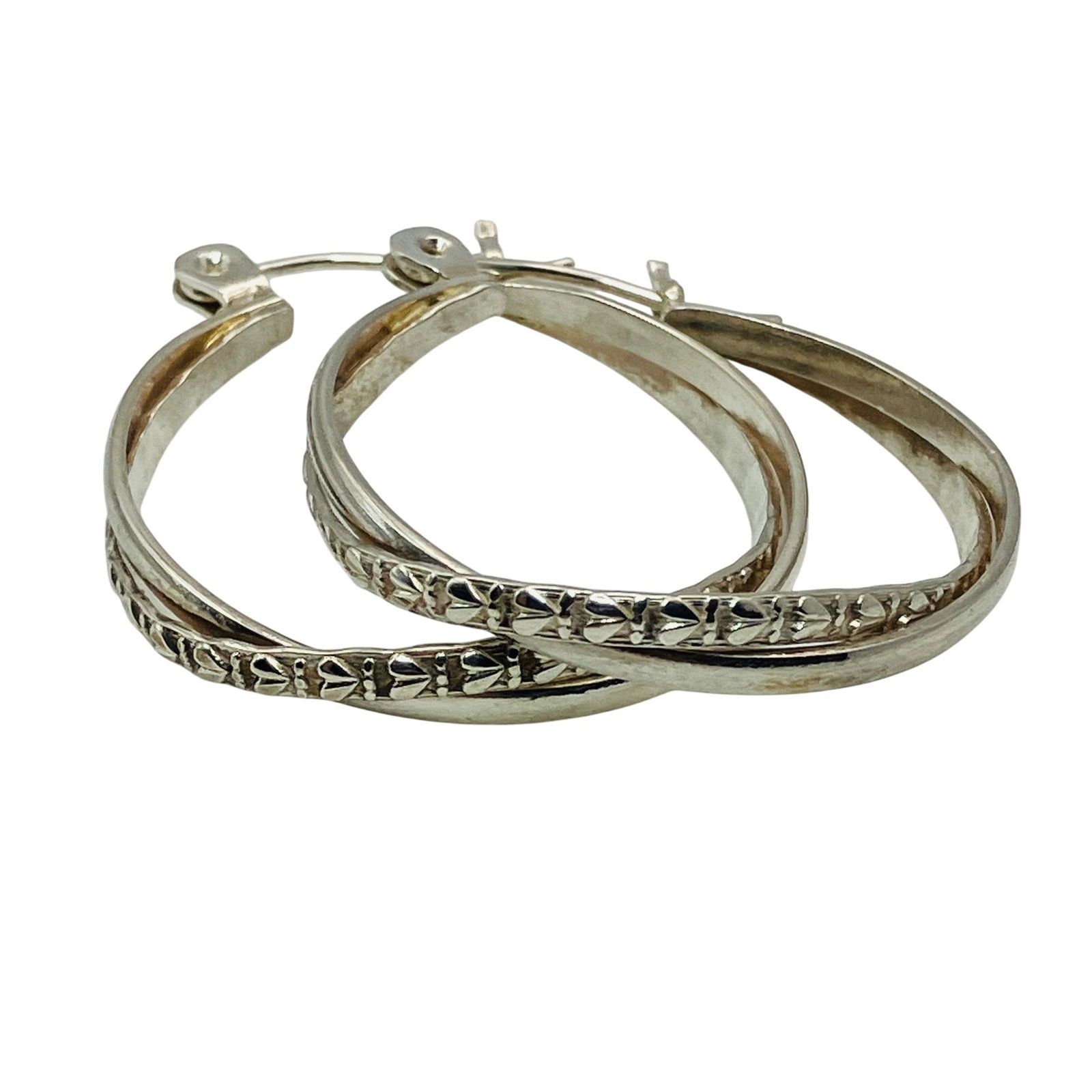 Sterling Heart Pattern Twist Hoop Earrings, 9.44 G: Sterling heart pattern twist hoop earrings 9.44 g