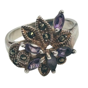Amethyst And MARCASITE Sterling Statement Ring Size 9, 5.31 G