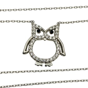 N, Sterling Black And Clear Stone Owl Pendant Cable Chain Necklace, 2.71 G