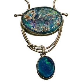 DNT, Italy, Sterling Double Stone Pendant Beaded Chain Necklace, 16.49 G