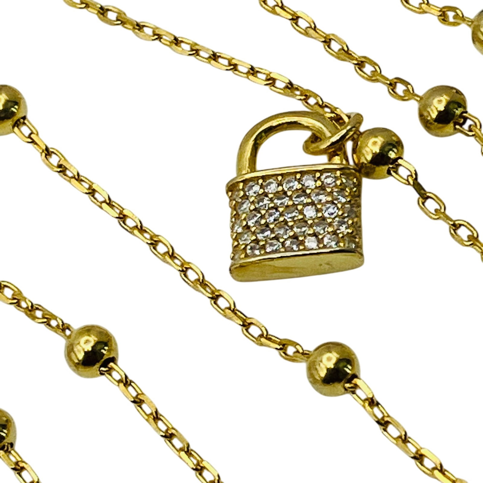 Sterling Clear Stone Lock Pendant On Bezel Set Beaded Layered Cable Chain Necklace, 5.24 G: Sterling clear stone lock pendant on Bezel set beaded layered cable chain necklace 5.24 g