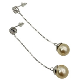 D Sterling Clear Stone Faux Pearl Cable Chain Dangler Earrings, 3.25 G