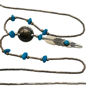 Quoc Trading TURQUOISE Sterling Dreamcatcher Pendant Tube Link Chain Necklace, 4.06 G