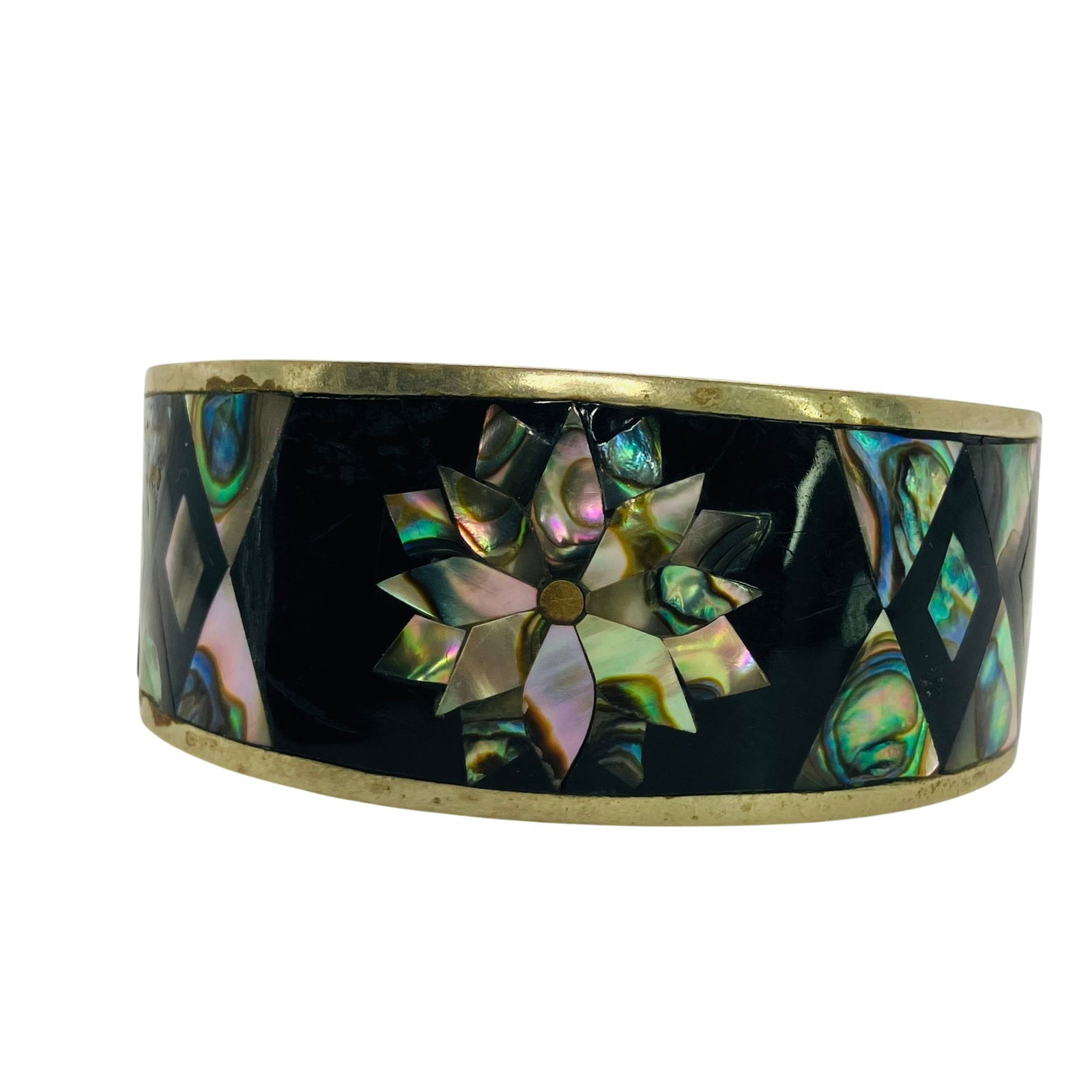 ALPACA, MEXICO,MOTHER OF PEARL, ABALONE Flower Inlay Silver Cuff Bracelet, 22.74g: ALPACA MEXICO MOTHER OF PEARL ABALONE flower inlay silver cuff bracelet 22.74g