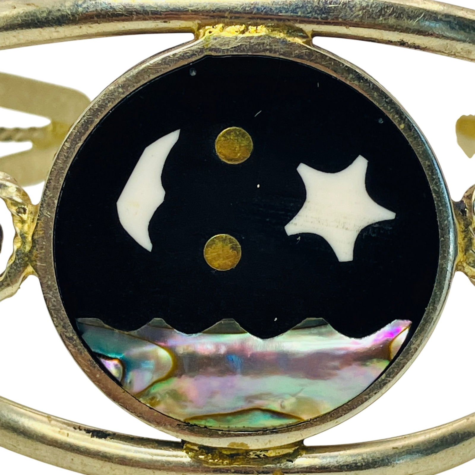 ALPACA, MEXICO,MOTHER OF PEARL, ABALONE Sun, And Moon Inlay Silver Cuff Bracelet, 11.59 G: ALPACA MEXICO MOTHER OF PEARL ABALONE sun and moon inlay silver cuff bracelet 11.59 g