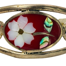 ALPACA, MEXICO,MOTHER OF PEARL, ABALONE Flower With Stem Inlay Silver Cuff Bracelet, 15.54 G