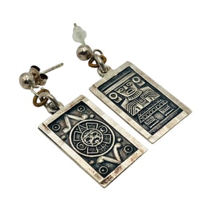 TAXCO, TM 52, MEXICO Sterling Aztec Design Panel Earrings, 7.47 G