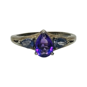 AMETHYST Sterling Three Stone Band Ring, Size 6, 2.15 G
