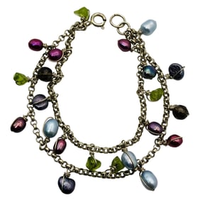 PEARL, PERIDOT Sterling Layered Double Rolo Chain Bracelet, 13.89 G