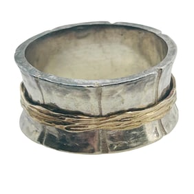 Sterling Wide Lined Band, Gold Tone, Spinner Size 10, 6.5 G