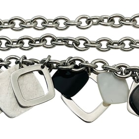 MOTHER OF PEARL Sterling Black And Cut Out Square Pendants On Cable Chain Necklace, 33.47 G