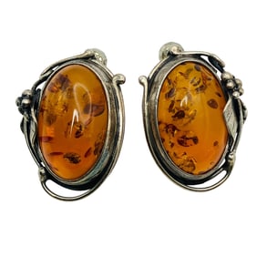 ALMAY, AMBER Sterling Floral Decorative Stud Earrings, 13.91 G