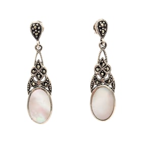 Sterling Marcasite and Mother of Pearl Dangle Earrings 5g