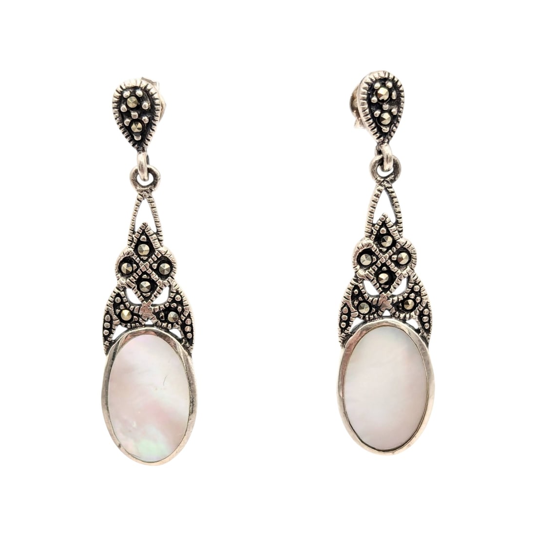 Sterling Marcasite and Mother of Pearl Dangle Earrings 5g: Sterling Marcasite and Mother of Pearl Dangle Earrings 5g