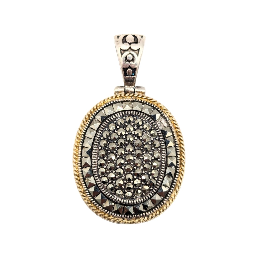 Sterling Marcasite Pendant with Gold Accents 9.7g: Sterling Marcasite Pendant with Gold Accents 9.7g marked Thailand, Marc, missing one stone
