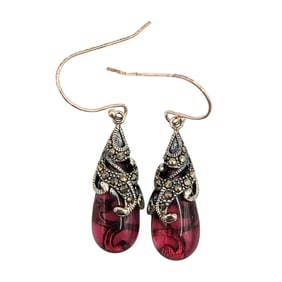 Sterling Marcasite Red Glass Drop Earrings 7.25g