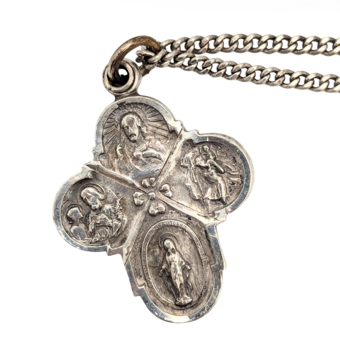 Sterling Curb Chain Necklace with Religious Medal Pendant 13.36g (1 of 6)