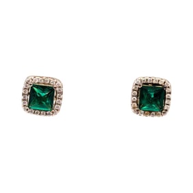 Sterling Emerald, and Clear Rhinestones Halo Stud Earrings 2.25g