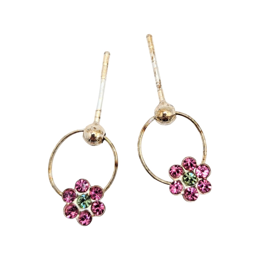 Sterling pink and Green Rhinestone Flower Earrings .56g: Sterling pink and Green Rhinestone Flower Earrings .56g no backs