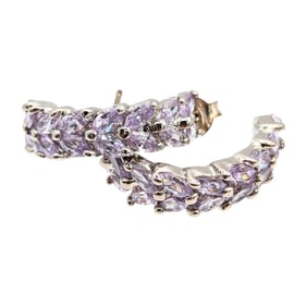 Sterling Hoop Earrings with Purple Rhinestone 4.79g