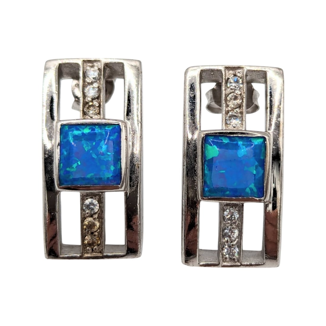 Sterling Earrings with Blue Synthetic Opals and clear Rhinestones 9.18g: Sterling Earrings with Blue Synthetic Opals and clear Rhinestones 9.18g