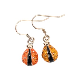 Sterling Ladybug Drop Earrings with Red and Orange Enamel 5.84g
