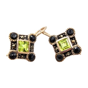 Sterling Drop Earrings with Green Citrine, marcasite and Black onyx 3.18g