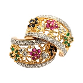 Sterling gold-over Hoop-Style Earrings with Emeralds and Rubies and dark blue Topaz and diamond