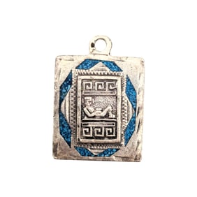 Sterling Pendant with Blue Inlay and Engraved Designs 10.92g