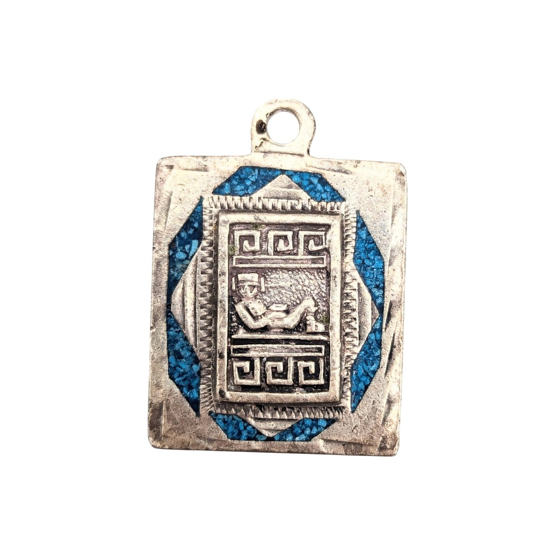 Sterling Pendant with Blue Inlay and Engraved Designs 10.92g: Sterling Pendant with Blue Inlay and Engraved Designs 10.92g