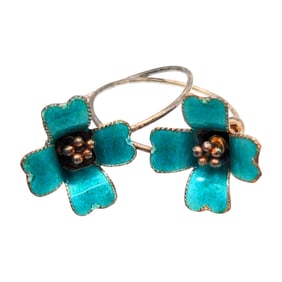 Sterling Enamel Green and Blue Floral Hoop Earrings 3.16g