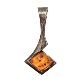 Sterling Amber Pendant with Geometric Design, 1.96g
