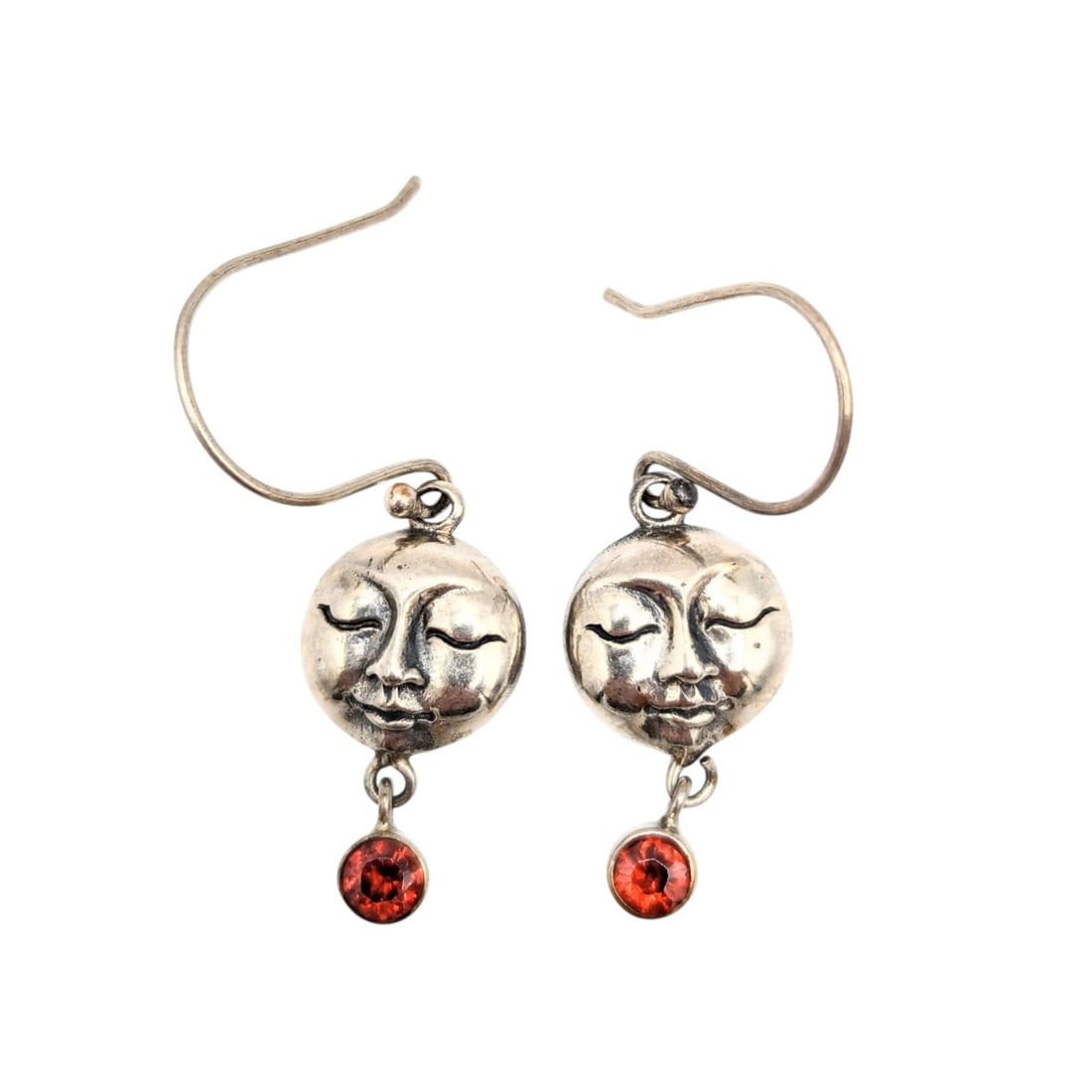 Sterling Moon Face Dangle Earrings with Red Rhinestones 3.6g (1 of 5)