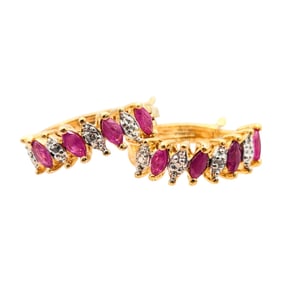 Gold Over Sterling Ruby Diamond Hoop Earrings 4.08g