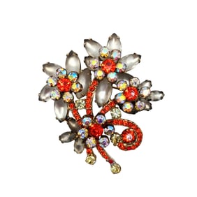 Floral Brooch With Frosted Glass Petals and Red Rhinestones 36.24g