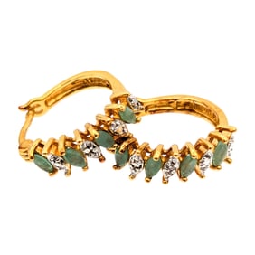 Sterling Hoop Earrings with Emerald and Diamond 4.0g