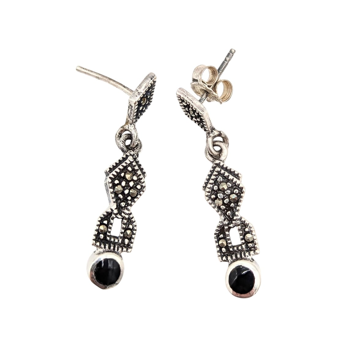 Sterling Marcasite and Black Onyx Drop Earrings 3.93g: Sterling Marcasite and Black Onyx Drop Earrings 3.93g