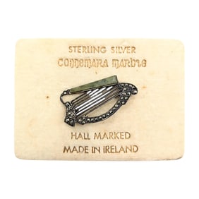 Sterling , Marcasite and Connemara Marble Harp Brooch, 3.6g