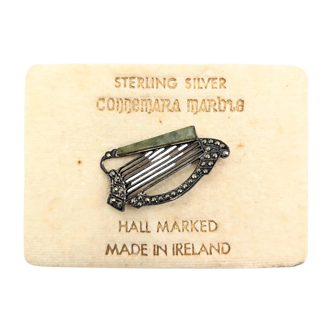Sterling , Marcasite and Connemara Marble Harp Brooch, 3.6g: Sterling , Marcasite and Connemara Marble Harp Brooch, 3.6g Hallmarked, Made in Ireland poem on back of card