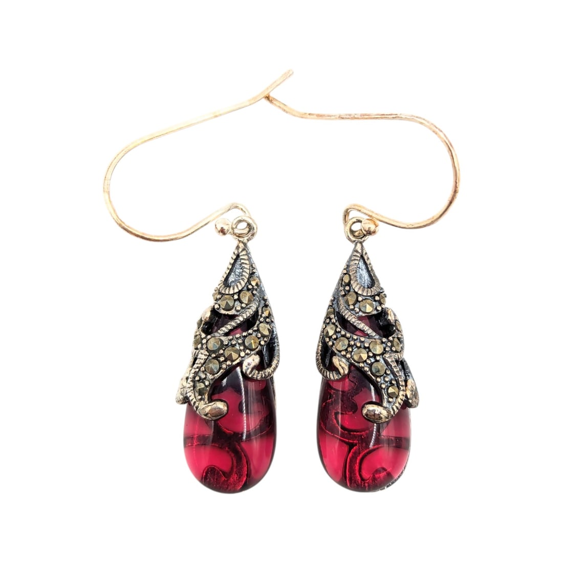 Sterling Marcasite wine colored Rhinestone Dangle Earrings 7.24g: Sterling Marcasite wine colored Rhinestone Dangle Earrings 7.24g SLC China