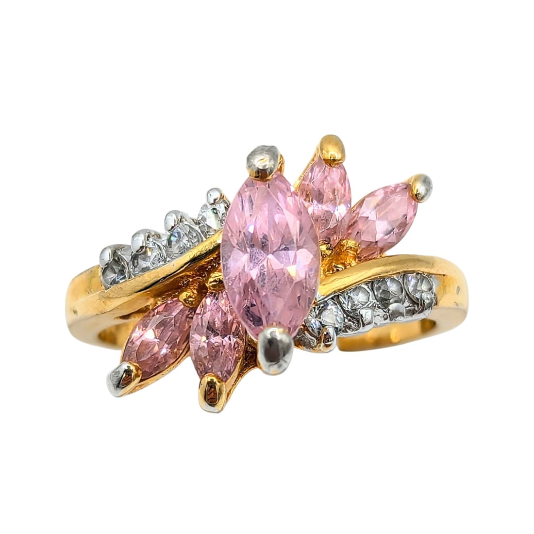 Sterling Gold Over Pink Tourmaline and Clear Rhinestones Size 10 5.71g: Sterling Gold Over Pink Tourmaline and Clear Rhinestones Size 10 Edco, Taiwan 5.71g