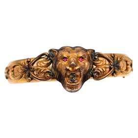 Vintage FMCO Gold Fill Lion Head Rhinestone Bangle 32.48g