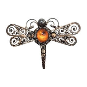 Sterling Filigree Amber Dragonfly Brooch 8.59g