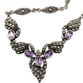 Sterling Marcasite and Purple Amethyst Necklace, 24.38g