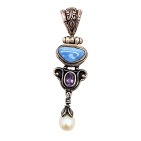 Sterling Amethyst, Blue Opal Stone, and Pearl Drop Pendant, 8.42g